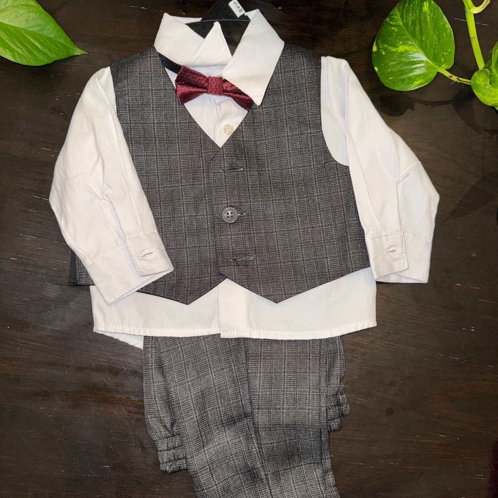 Gray Plaid Vest Suit with Red Bow Tie
